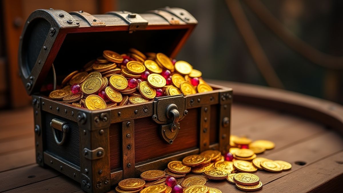 Un cofre del tesoro lleno de monedas de oro y joyas en la cubierta de un barco.