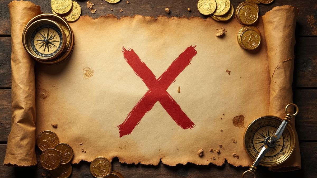 Un mapa pirata con una X marcando el lugar del tesoro, rodeado de monedas de oro y una brújula.