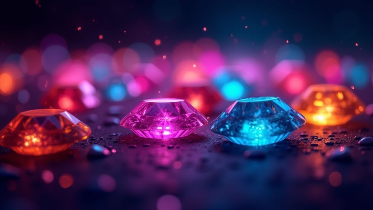 Heldere gekleurde edelstenen op een donkere achtergrond.