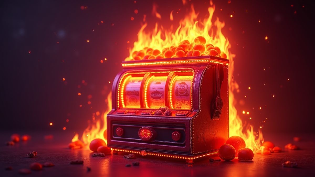 Fruitautomaat met vlammen in een neonontwerp.