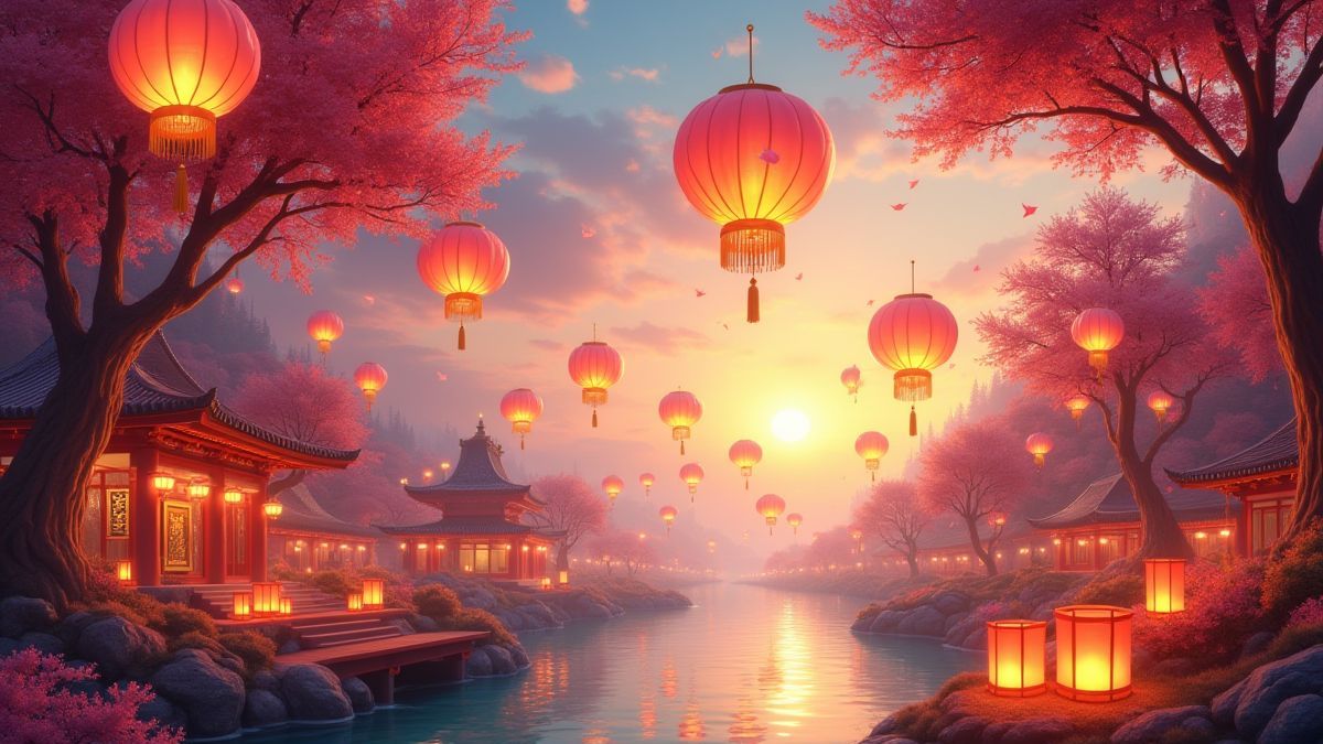 Linternas flotantes y decoraciones asiáticas en un paisaje fantástico.