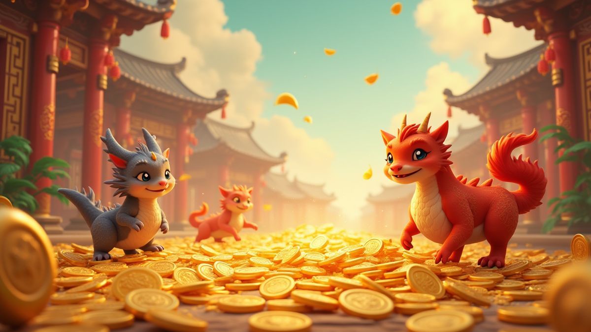 Monedas doradas y criaturas mágicas en un mundo fantástico asiático.