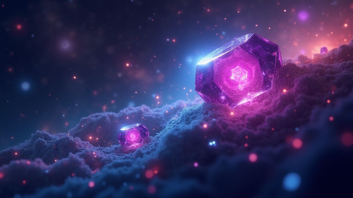 Glowing gems floating in a futuristic galactic space.