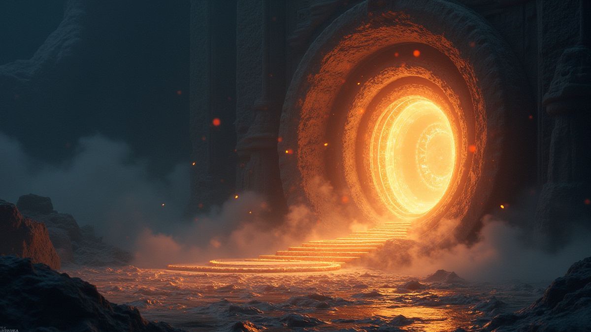 A glowing portal revealing floating symbols.