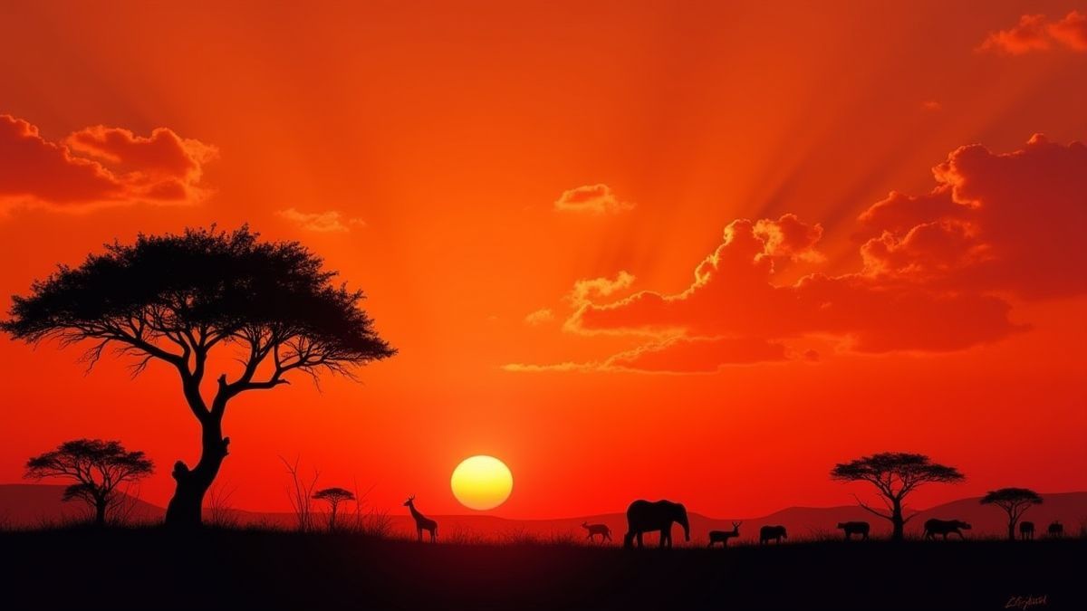 Vibrant African sunset with acacia trees and silhouetted animals.