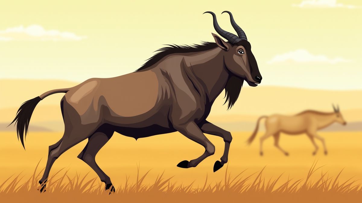 A majestic wildebeest in motion against a savanna background.