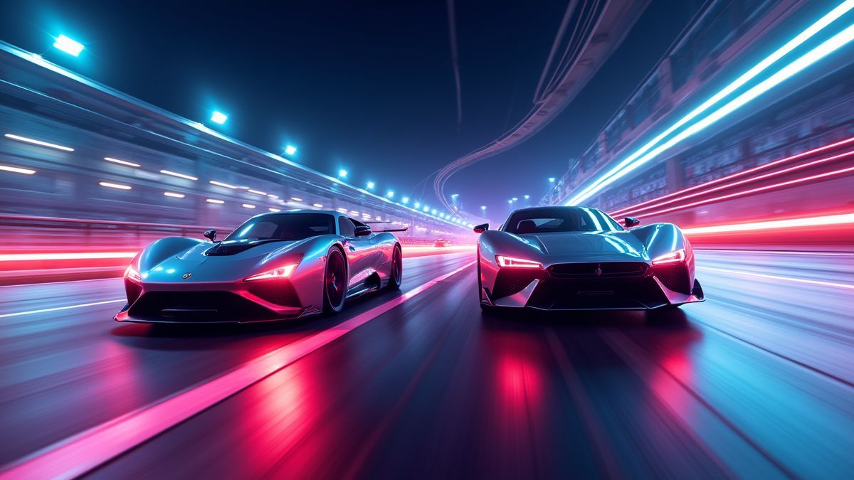 Racetrack illuminated with neon lights and modern cars.