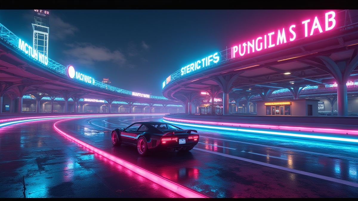 Futuristic racetrack with neon lights and sleek cars.
