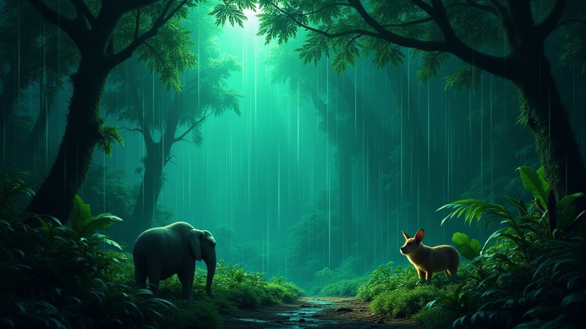 Una jungla exuberante con gotas de lluvia brillantes y animales exóticos.