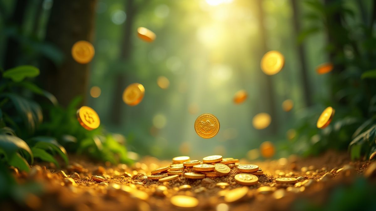 Monedas de oro cayendo en un entorno selvático.