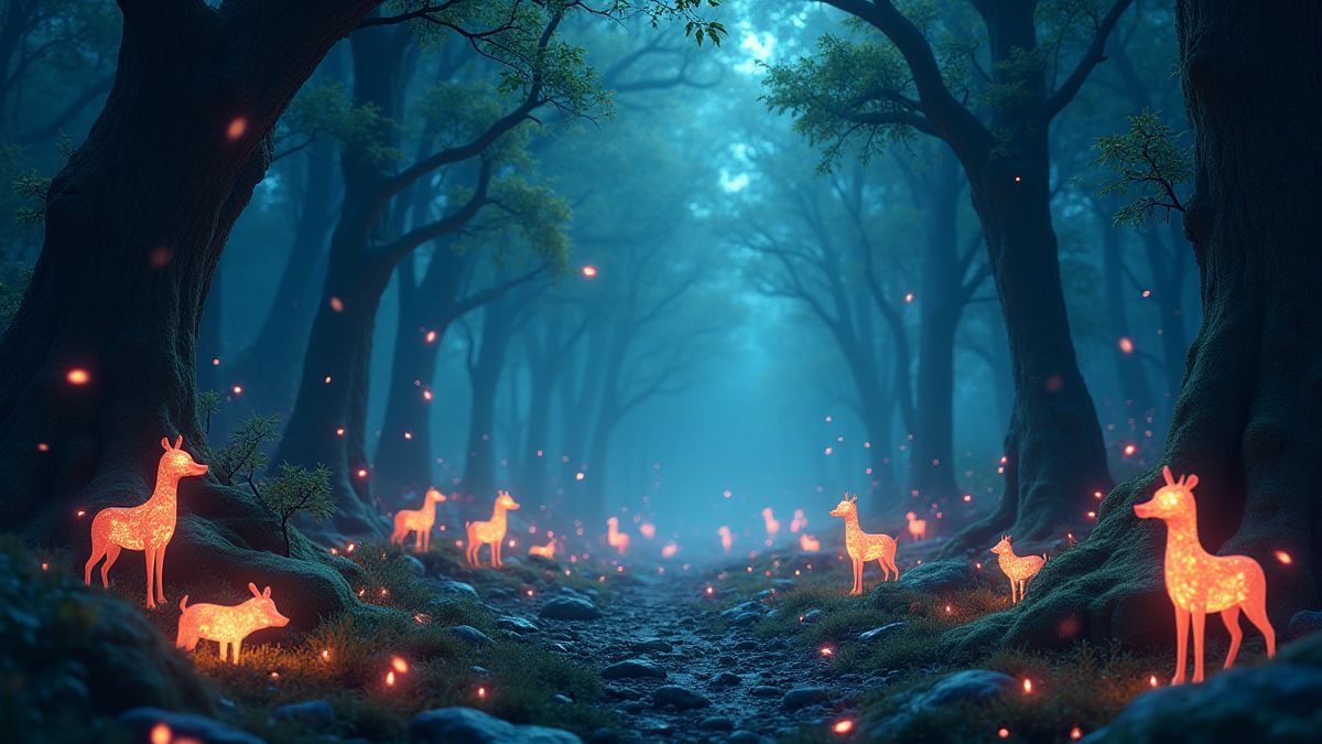 Ein magischer Wald mit leuchtenden Tieren und strahlenden Artefakten.