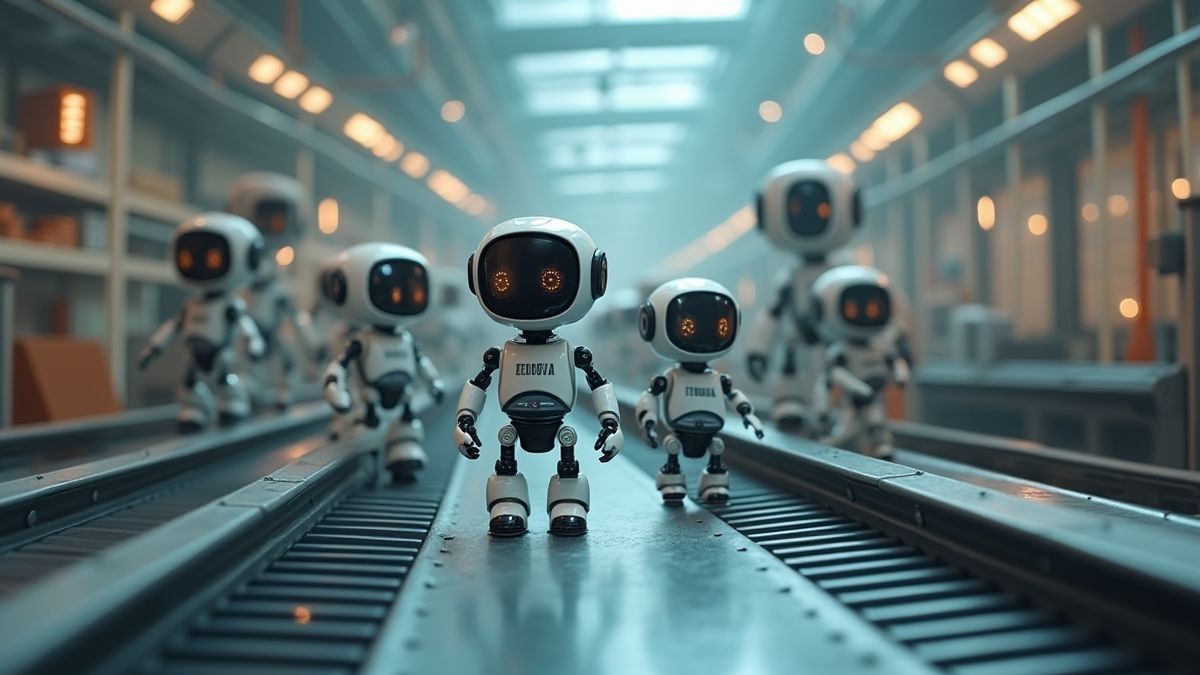 Robots en una fábrica futurista trabajando en cintas transportadoras