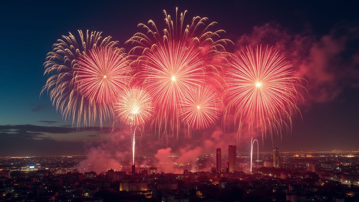 Fuegos artificiales iluminando una ciudad vibrante