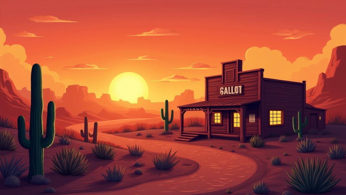 A sunset desert scene with cacti and a saloon.