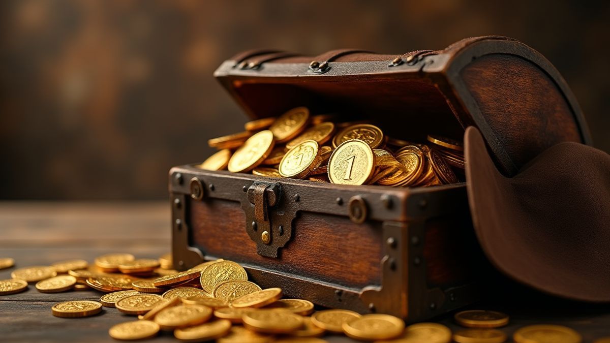A treasure chest filled with gold coins and cowboy gear.