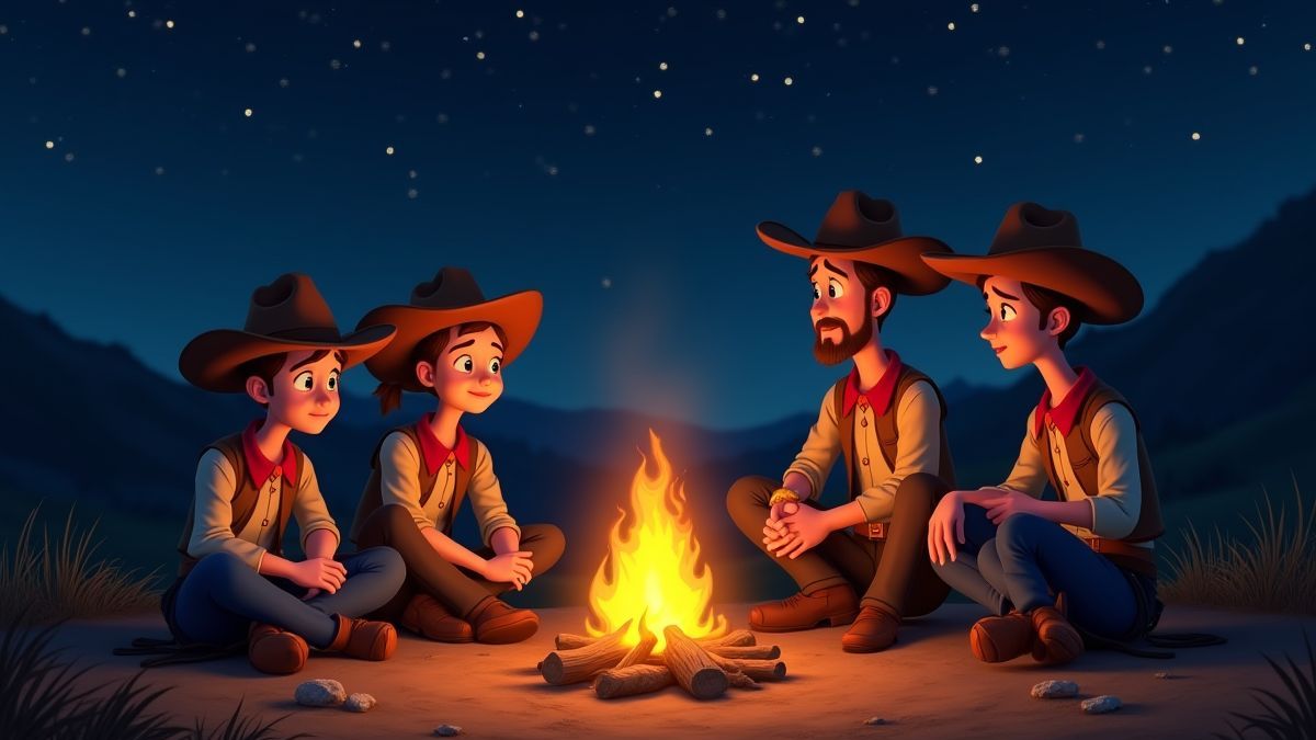 A group of animated cowboys sitting around a campfire under the stars.