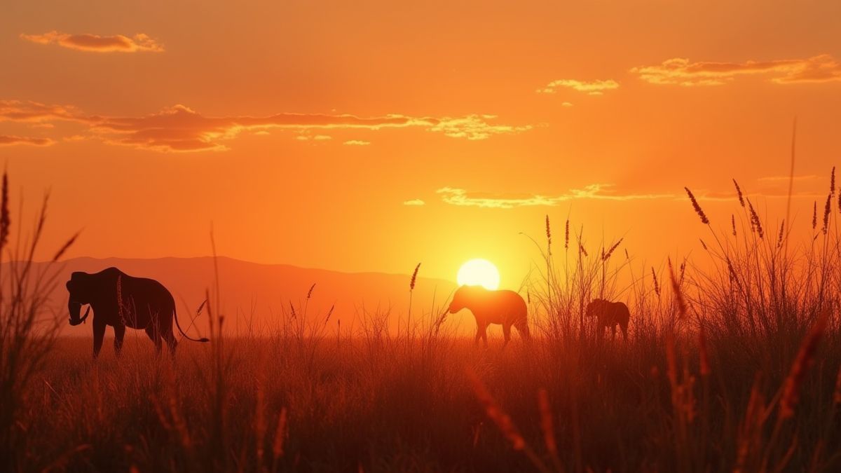 Afrikanische Savanne mit hohem Gras während des Sonnenuntergangs.
