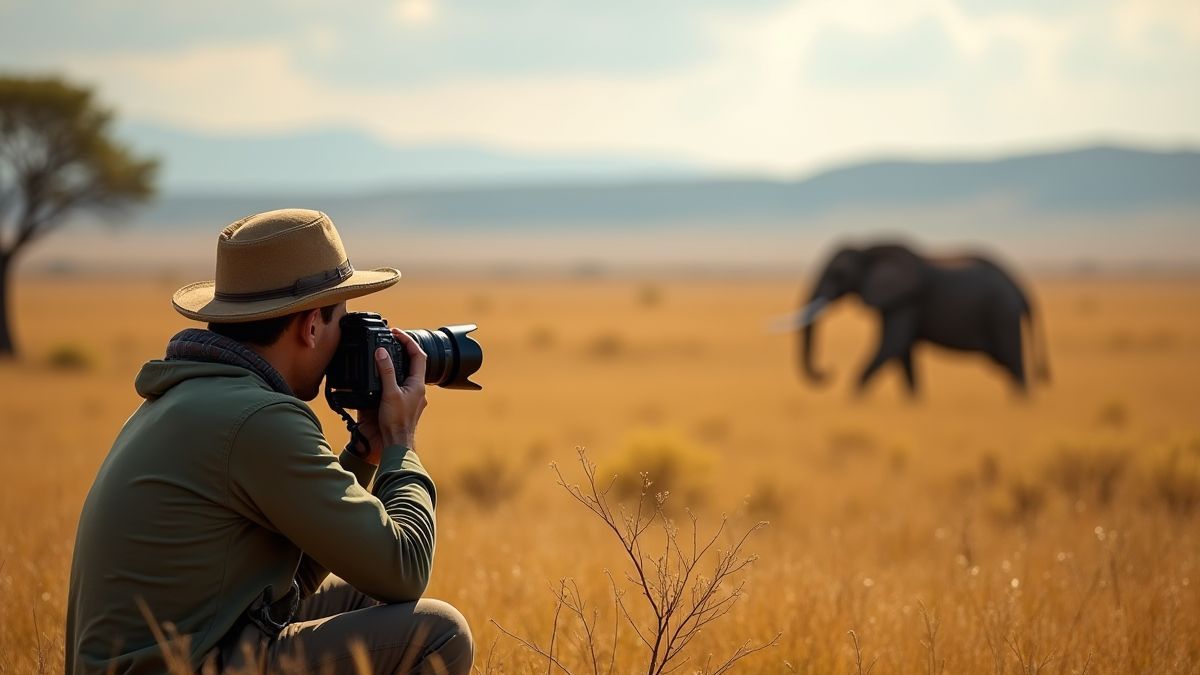 Fotograf, der auf einen Elefanten in der Savanne zielt.