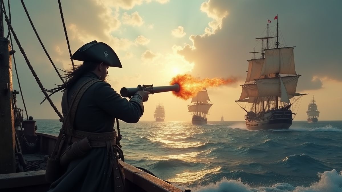 Pirata disparando cañones a barcos mercantes en una batalla marítima.