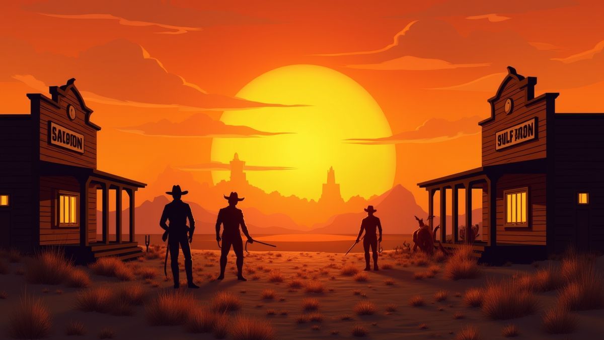 Een zonsondergang in het Wilde Westen met cowboys en een saloon op de achtergrond.