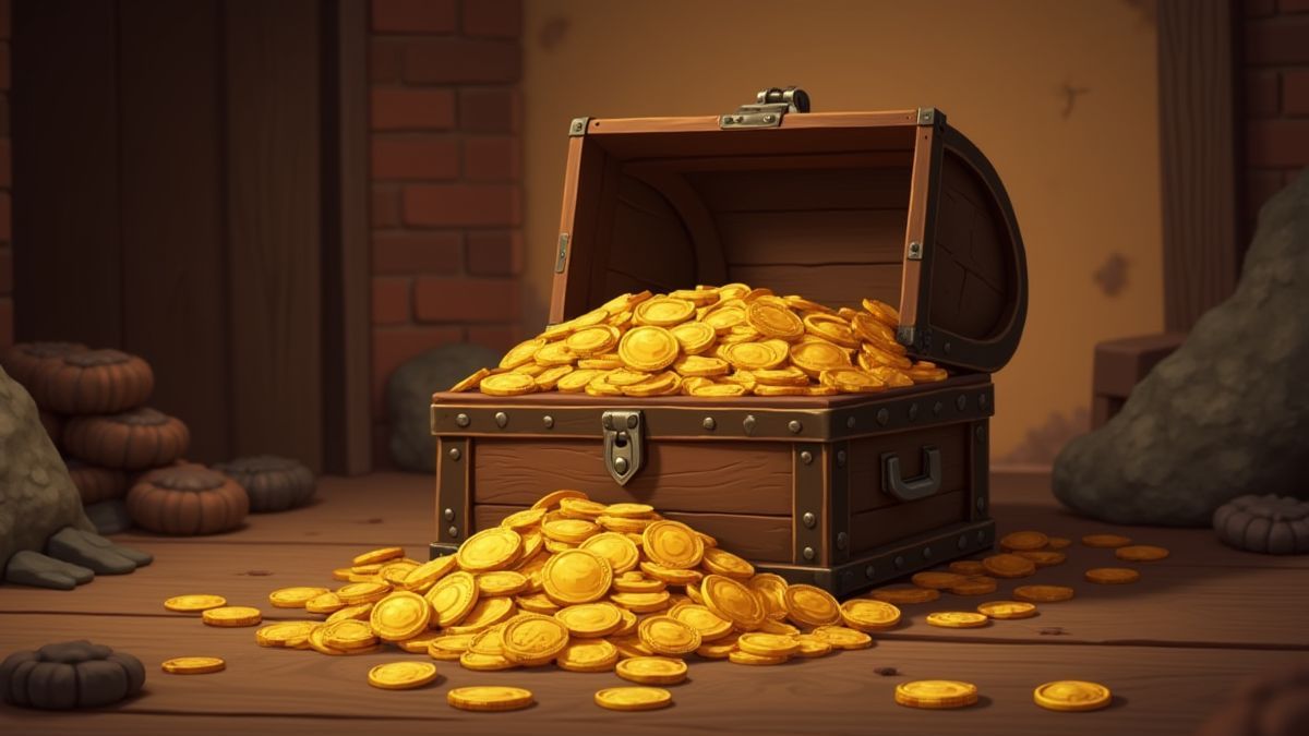 Gouden munten en schatten die uit een kist in het Wilde Westen stromen.
