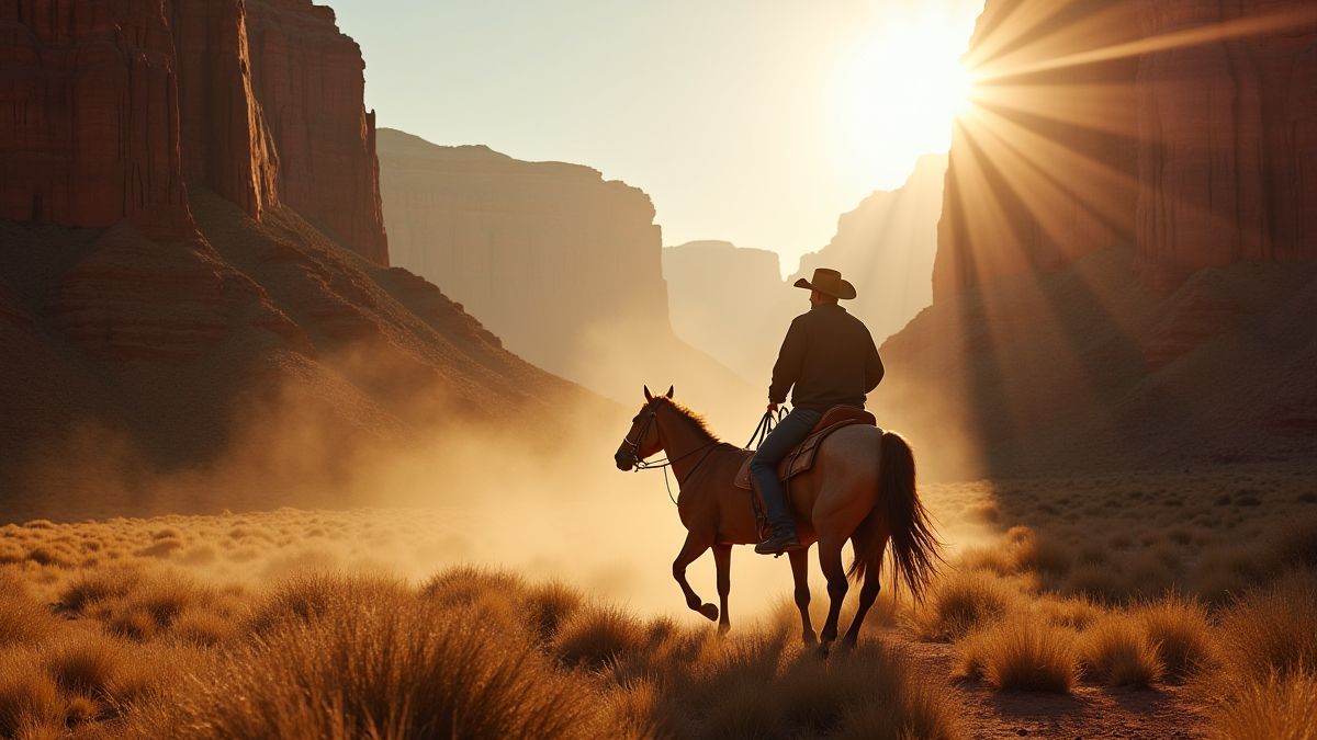 Een cowboy die door een canyon rijdt met dramatische verlichting.