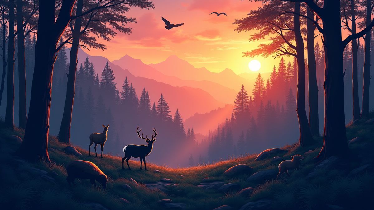Dichter Wald mit Tieren in der Nähe eines Berges bei Sonnenuntergang.