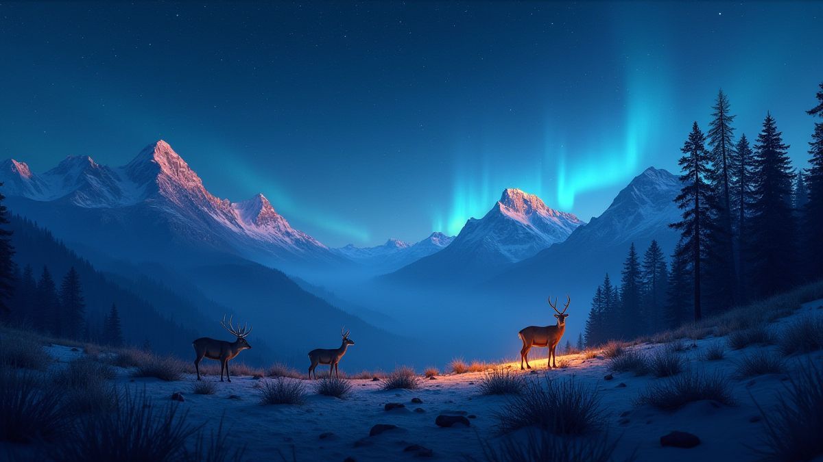 Nächtliche Szene in den Bergen mit sichtbaren Sternen und Tieren.