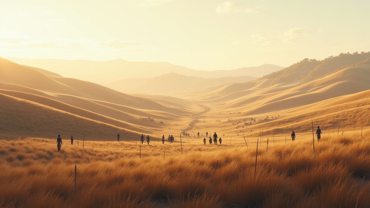 Champ de bataille grec avec des collines et des lances.