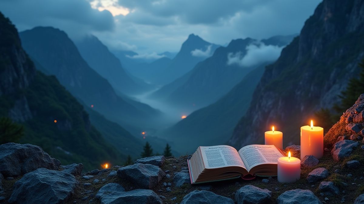 Magical mountains with glowing elements like spell books and candles.