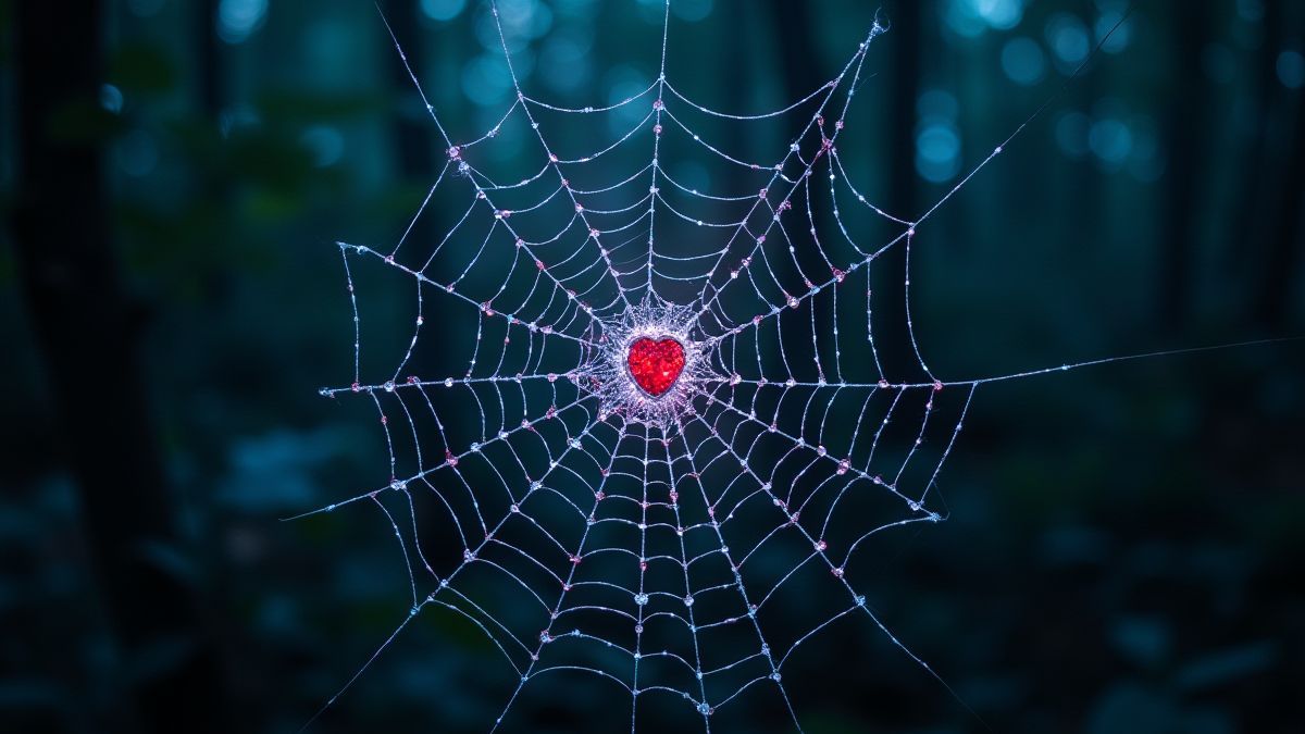 Ein leuchtendes Spinnennetz mit Juwelen, die in einem dunklen Wald hängen.