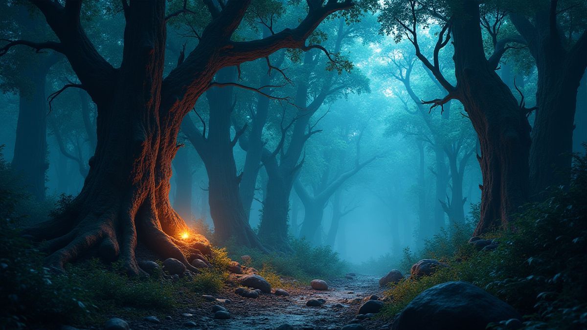 Ein mystischer Wald mit leuchtenden Spinnennetzen und versteckten Schätzen zwischen den Bäumen.