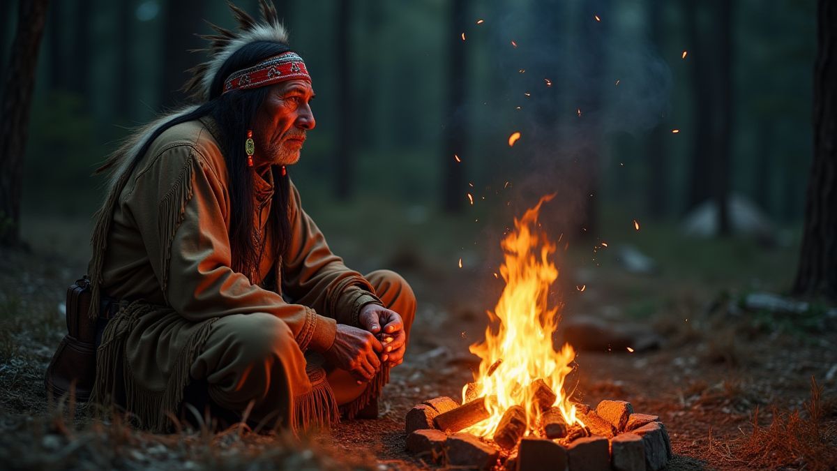 Native American chief by a campfire surrounded by mystical symbols.