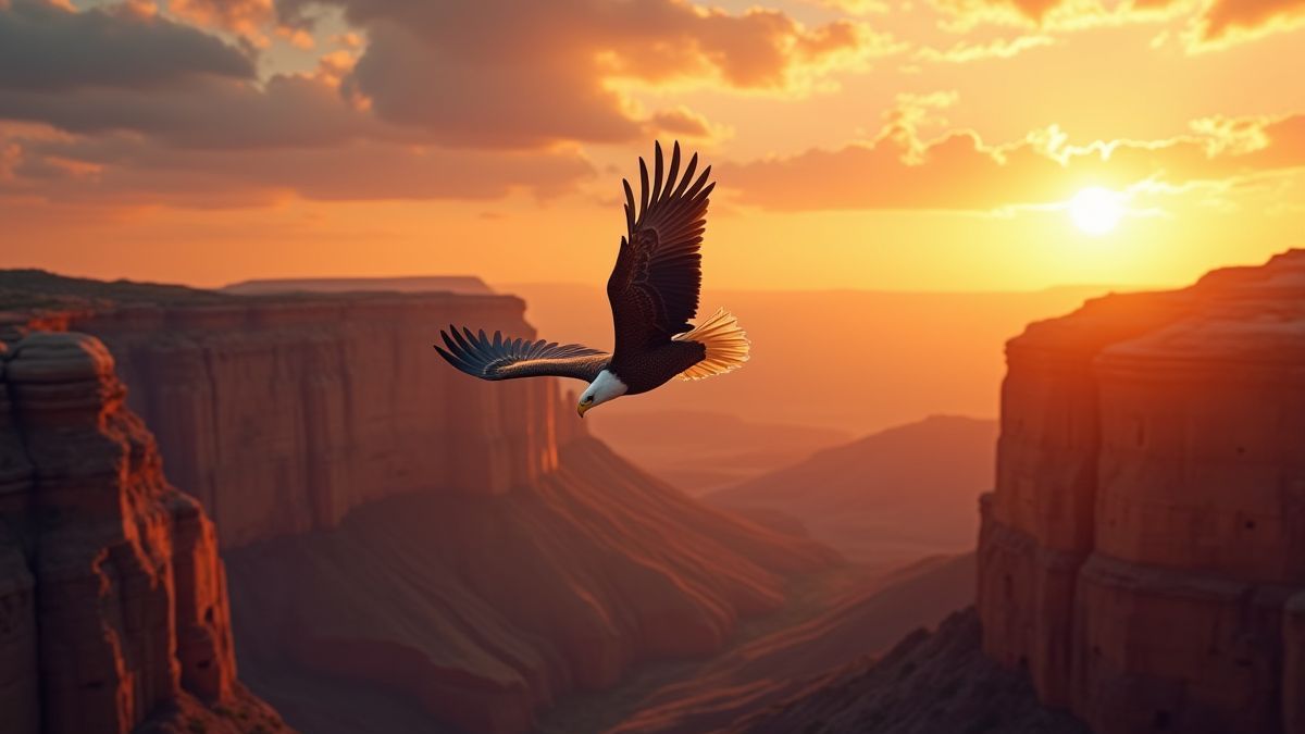 Majestic bald eagle over a canyon at sunset.