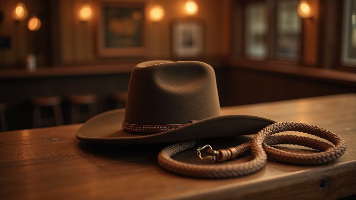 Sombrero de vaquero y lazo sobre una mesa de madera en un salón.