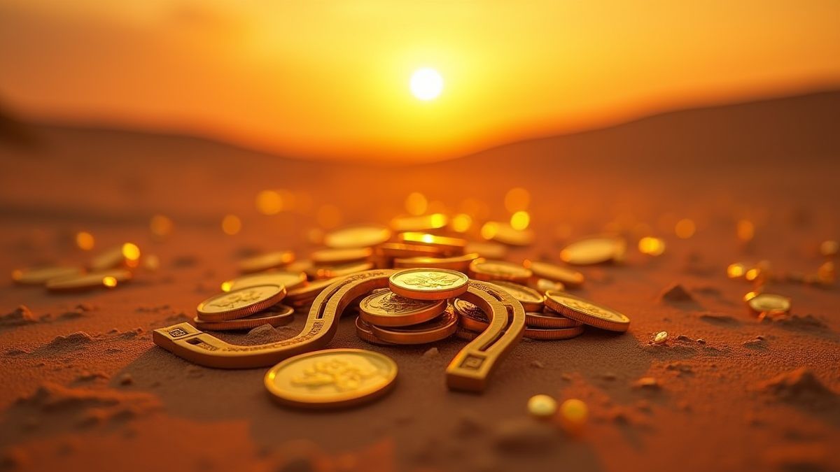 Monedas doradas y herraduras en un suelo desértico bajo un atardecer.