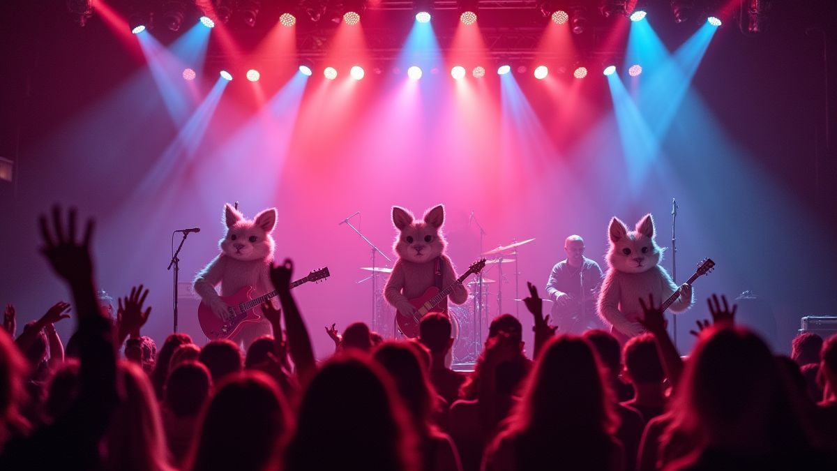 Scène illuminée au néon avec des animaux se produisant comme des stars du rock.