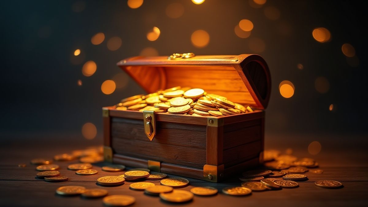 Coffre au trésor rempli de pièces symbolisant des gains.