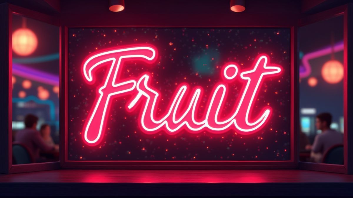 Cartel de frutas de néon em um cassino retrô.