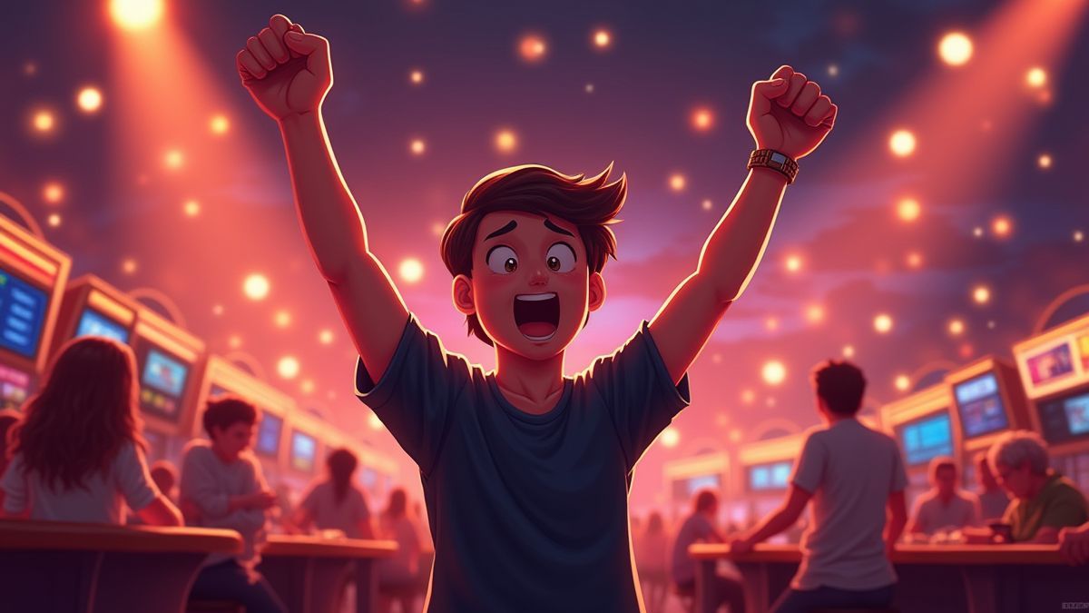 Jogador emocionado celebrando uma vitória em um cassino.