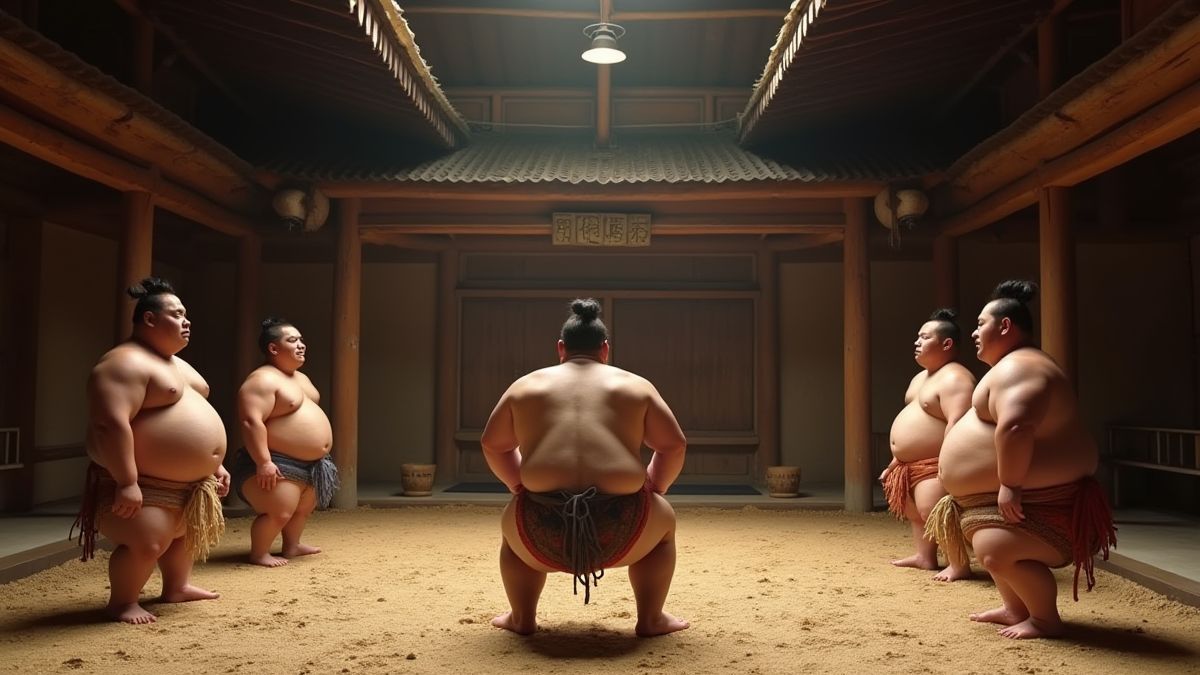Traditioneel Japans dojo met sumo-worstelaars.