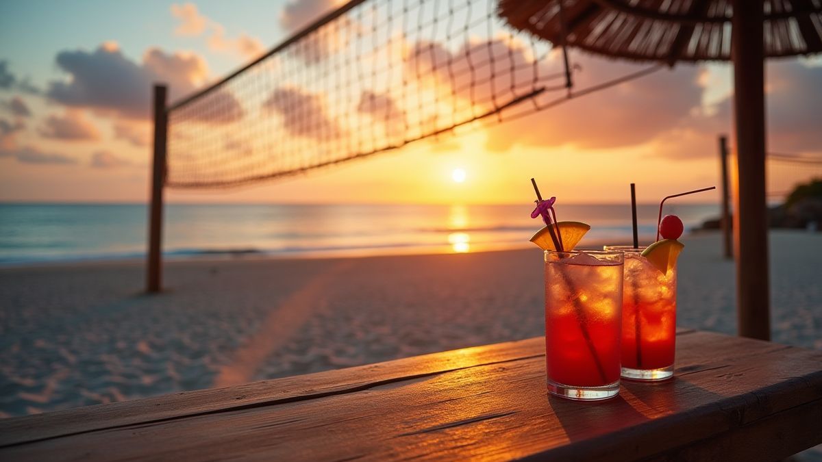 Vue de l'océan au coucher du soleil avec des filets de volley-ball et des boissons tropicales sur une table voisine.