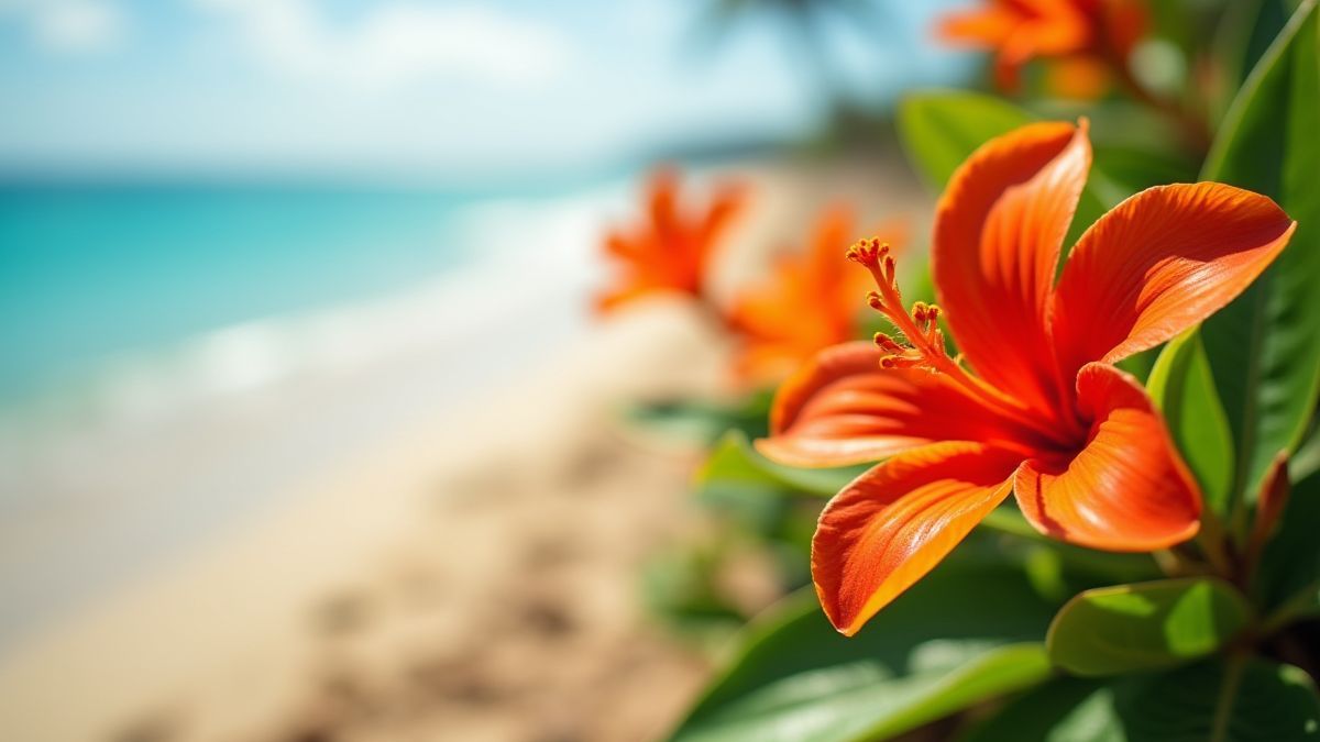 Fleurs tropicales en pleine floraison sur une plage ensoleillée.