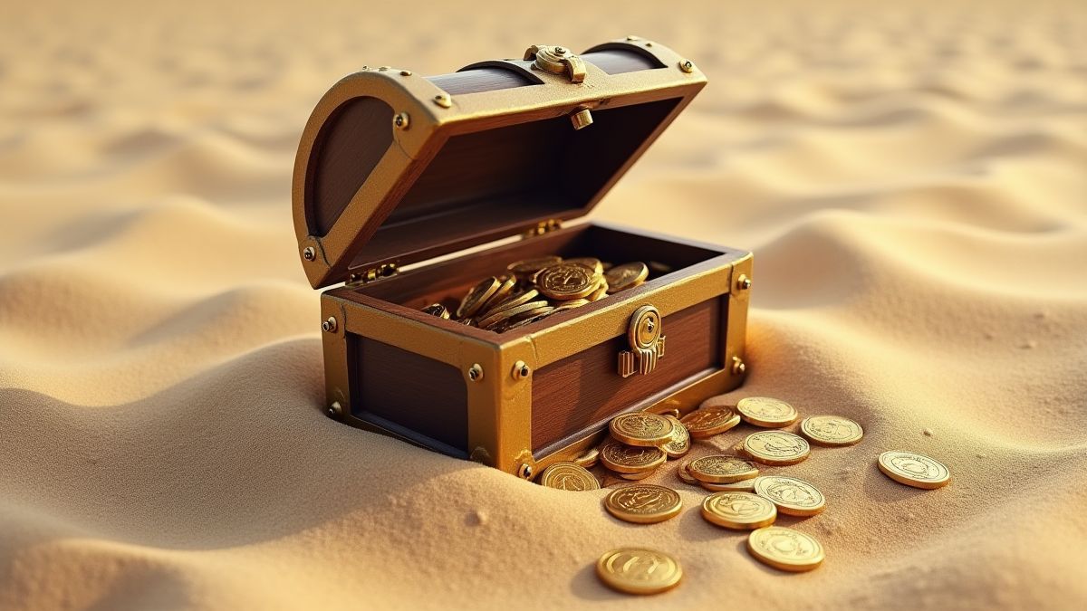 Un coffre au trésor caché dans le sable avec des pièces qui débordent.