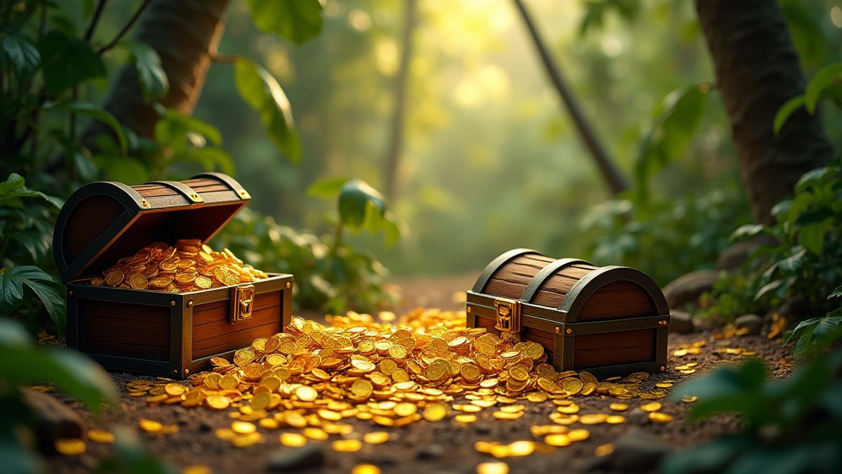 Monedas doradas y cofres del tesoro en una jungla.