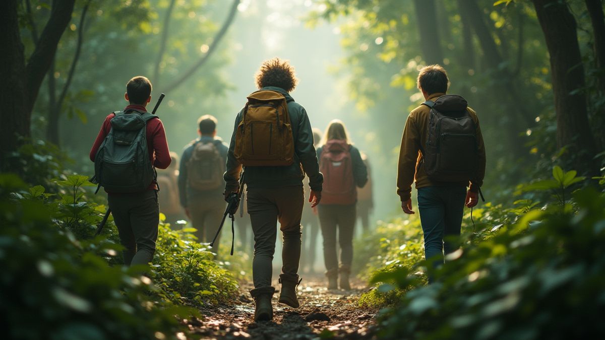 Un grupo de aventureros explorando una jungla con emoción.