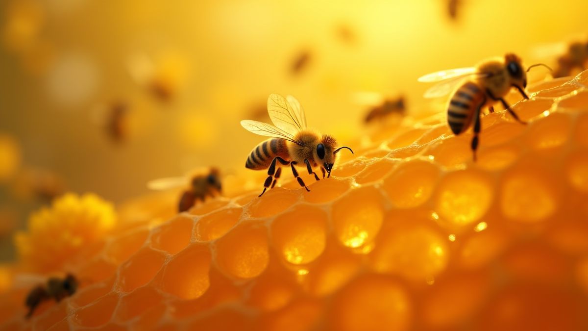 Ein Bienenstock voller goldener Honig mit summenden Bienen in einer animierten Wiese.