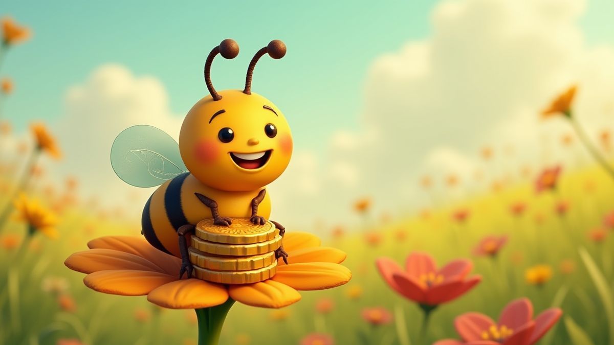 Eine fröhliche Biene, die einen Stapel goldener Münzen hält, während sie auf einer animierten Blume sitzt.