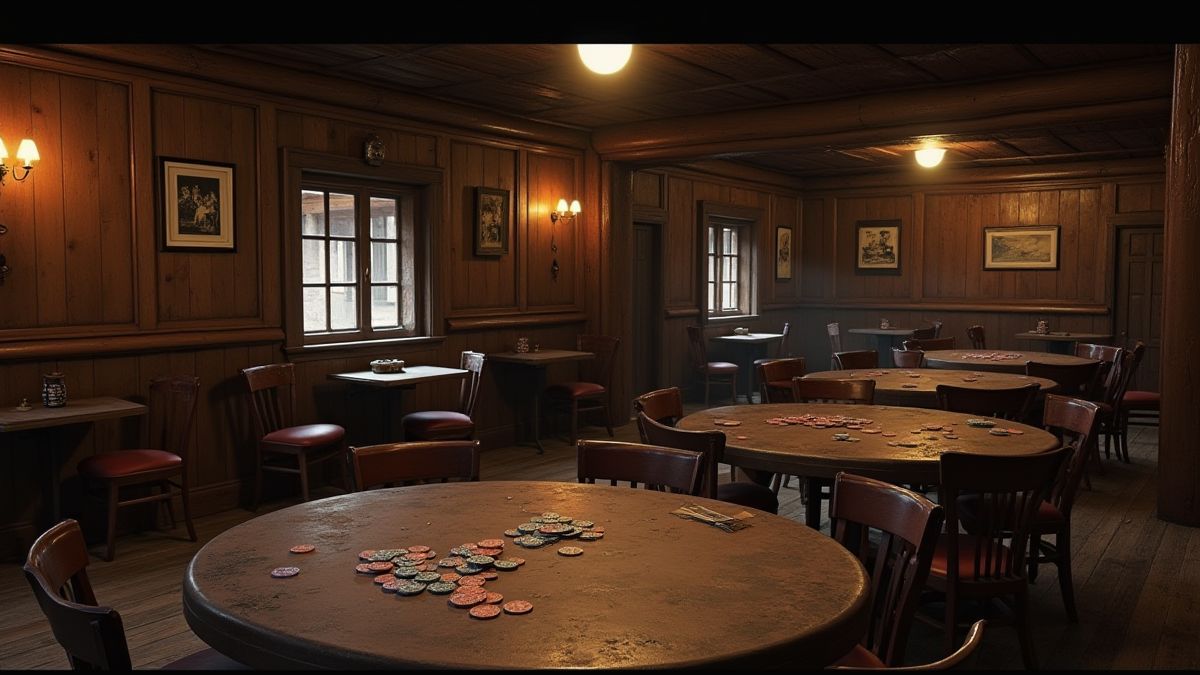 Ein Salon des Wilden Westens mit staubigen Tischen und Pokerchips.