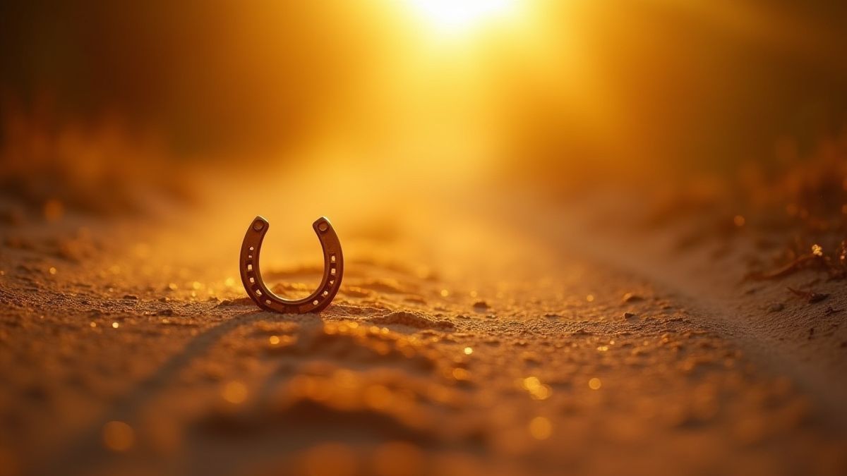Ein goldenes Hufeisen, das im Sonnenlicht auf einem staubigen Weg leuchtet.